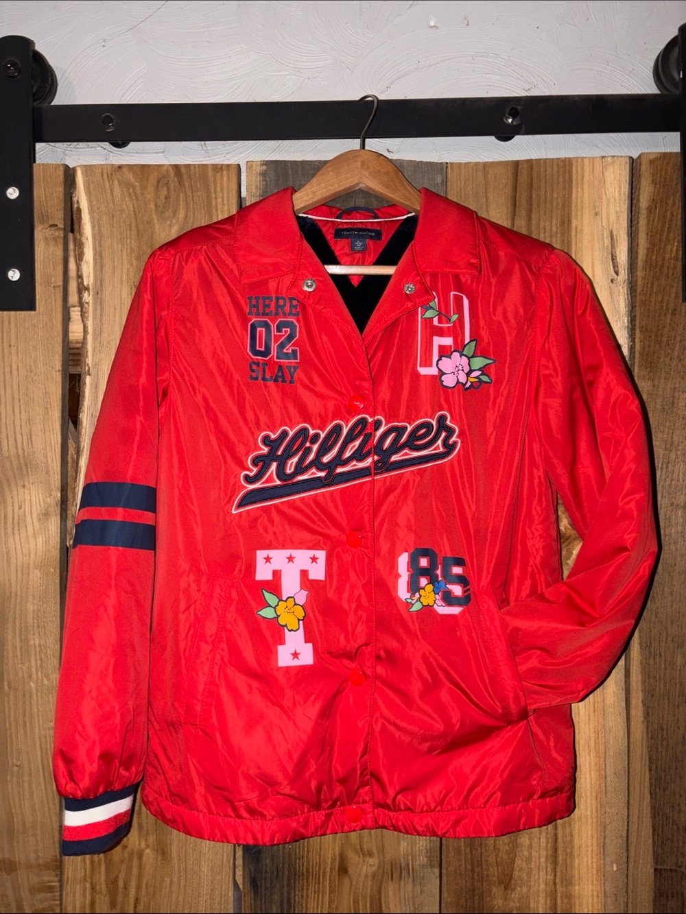 Tommy Hilfiger Red Patch Logo Coach Jacket with Navy Accents
